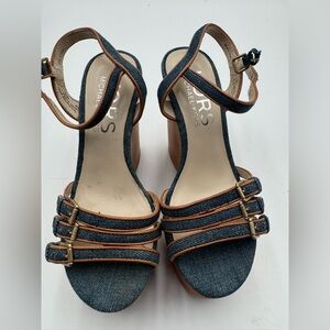 Michael Kors Denim Leather Wooden Wedge Sandals Sz 6.5 M– 5” Heel, Great Cond
